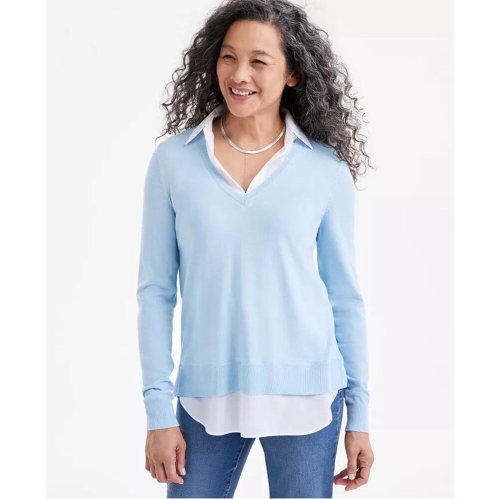 Style&Co. Light Blue Sweater & White Blouse Combo